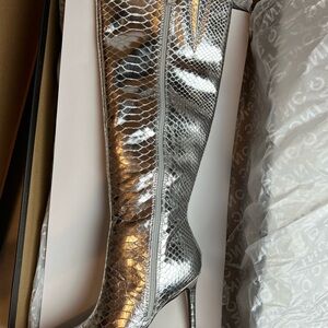 Silver Snakeskin Knee-High Boots